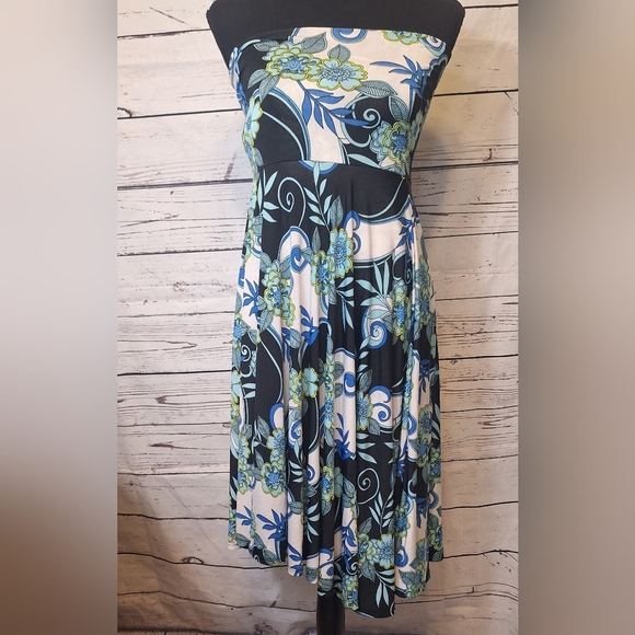 #1717 Lapis Black & Blue Floral Assymetrical Dress Or Skirt Sz.M - Picture 1 of 9